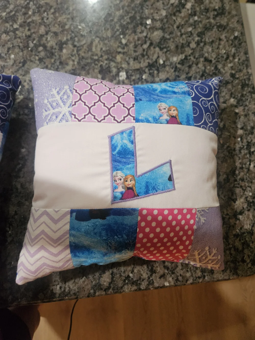 Pair of FROZEN Patchwork Decorative Pillows Monogrammed L, Pink, Purple, Blue